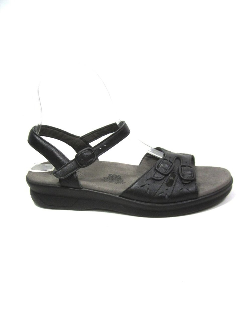 SAS Duo Women's Size 7.5W Black Wedge Sandals Leather Low Heel Buckle - Picture 4 of 8